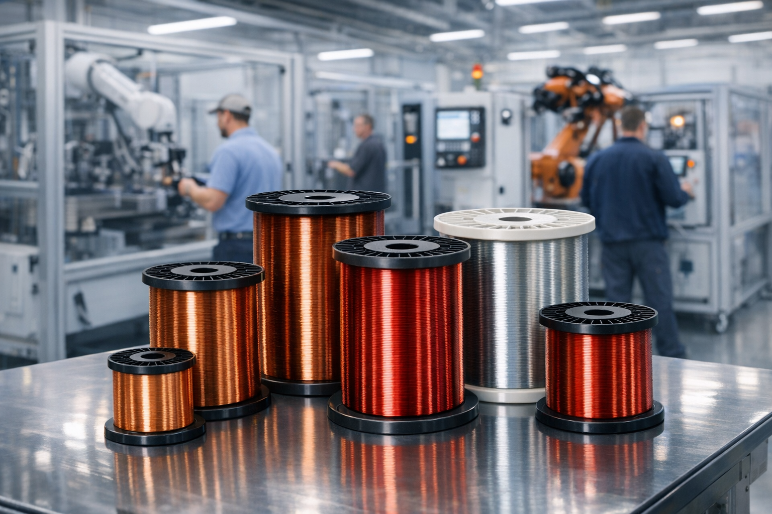 photographic Several spools of enameled electromagnetic winding wire such as here httpswwwaluminummagnetwirecomfrontpageimagesindexbannerjpgBackground